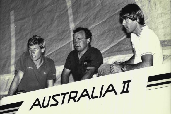 Skip Lissiman (right), with Phil Judges and Dave Wallace, aboard Australia II in 1983.