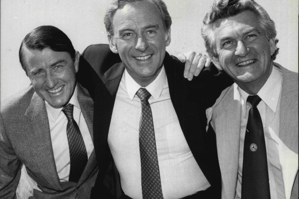 Labor stalwarts pictured in 1980: NSW premier Neville Wran, the leader of the opposition Bill Hayden and future prime minister Bob Hawke during the filming of a Labor election campaign commercial.