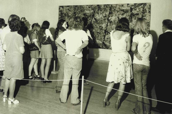 A crowd turned out to view “Blue Poles” when it went on display  at the Art Gallery of NSW on April 8, 1974.