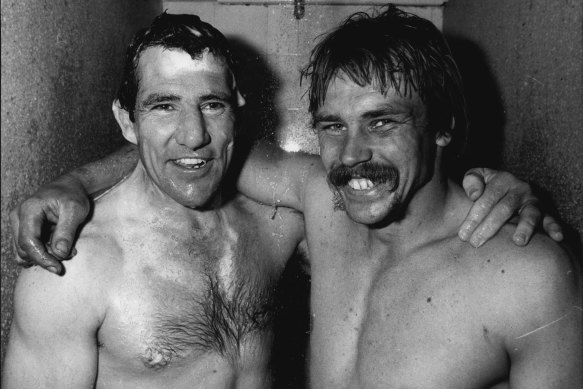 Steve Sharp, right, pictured with teammate Mick Cronin, paid tribute to the close bond between the legendary Eels of the 1980s.