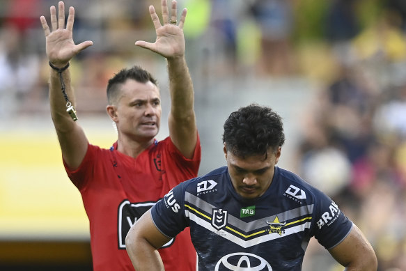 Jeremiah Nanai of the Cowboys is sent to the sin bin during the round four NRL match between North Queensland Cowboys and Gold Coast Titans at Qld Country Bank Stadium on Saturday.