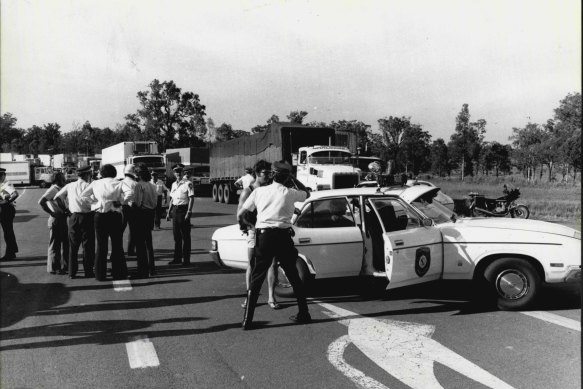 Police at the truck blockade on Razorback Mountain. April 3,, 1979.