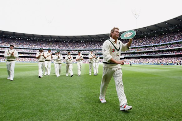 Shane Warne after taking his 700th Test wicket at the MCG. 