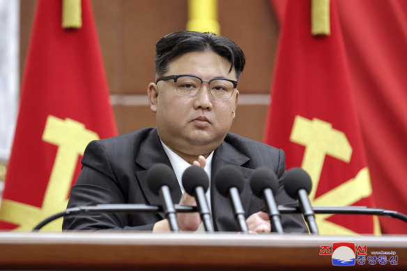 North Korean leader Kim Jong Un delivers a speech during a year-end plenary meeting of the ruling Workers’ Party.