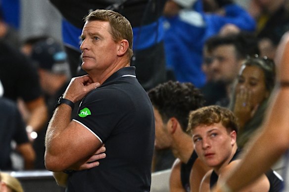 Blues coach Michael Voss watches on from the bench on Good Friday.