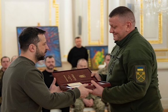 In this 2024 photo provided by the Ukrainian Presidential Press Office, Ukrainian President Volodymyr Zelensky presents an award to Valerii Zaluzhnyi, the former commander-in-chief of Ukraine’s Armed Forces.