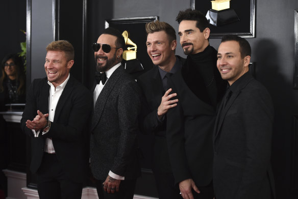 Backstreet Boys, from left, Brian Littrell AJ McLean, Nick Carter, Kevin Richardson, and Howie Dorough at the Grammy Awards in 2019, in Los Angeles.