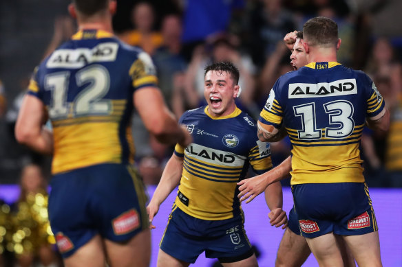 Reed Mahoney and the Parramatta Eels celebrate.