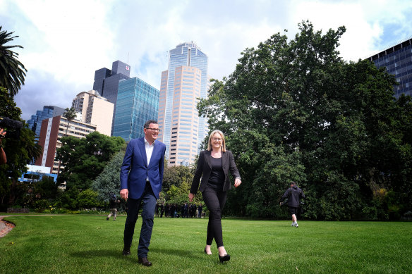 Premier Daniel Andrews in Parliament’s gardens on Sunday with Deputy Premier Jacinta Allan.