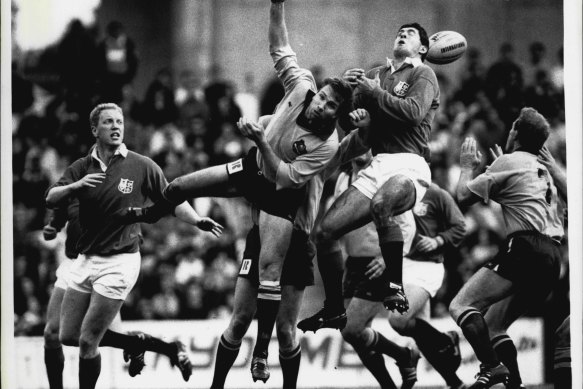 Greg Martin contests a high ball in the Wallabies’ victory over the Lions at the Sydney Football Stadium in 1989.
