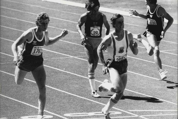 Peter Gandy just beats Paul Narracott, left,  in the final of 100m men’s open in1982.