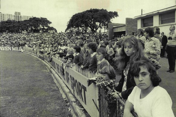 The crowd packs into Redfern to watch Souths play old enemy Easts in 1975.