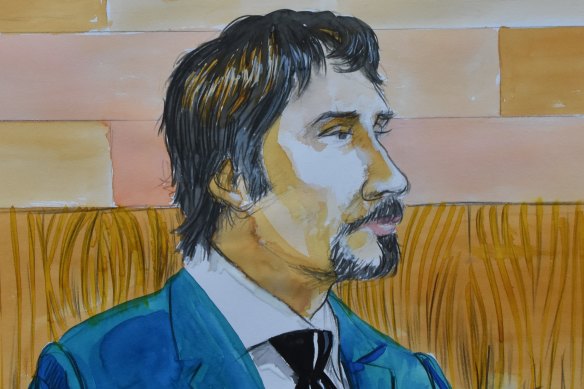 A sketch of Justin Stein giving evidence at his trial in the NSW Supreme Court on Monday.