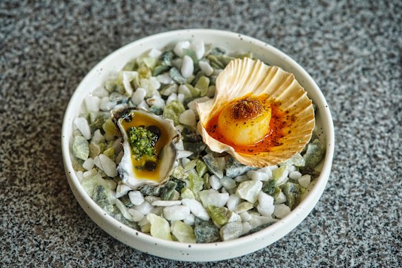 Rock oyster with green chilli relish and grilled scallop inasal.