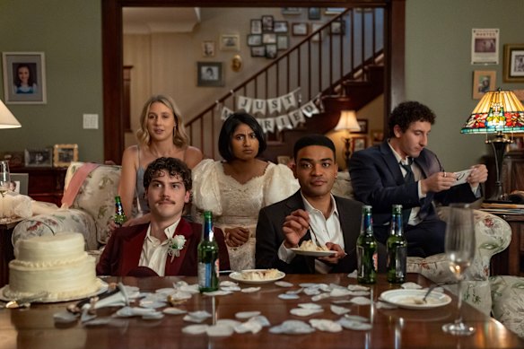 The cast of Adults (from left): Lucy Freyer as Billie, Jack Innanen as Paul Baker, Amita Rao as Issa, Owen Thiele as Anton, Malik Elassal as Samir. 