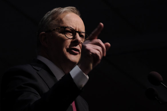 Prime Minister Anthony Albanese speaking at the Victorian Labor State Conference in Melbourne on Saturday. 