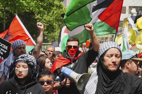 Pro-Palestinian protesters staged their 52nd weekly rally in central Melbourne on Sunday.