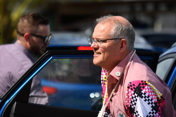 Welcome mat to go?: Australia's Prime Minister Scott Morrison arrives at the Leaders Retreat during the Pacific Islands Forum last week in Funafuti, Tuvalu.