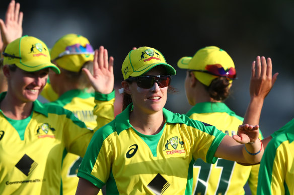 Megan Schutt, pictured celebrating with Australia after game one of the ODI series, says the Big Bash is relaxing. 