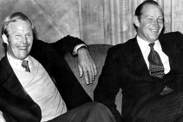 Kerry Packer (right) with former England cricket captain Tony Greig in 1977, just weeks after news of World Series Cricket broke. But the plan was in the hands of the Reserve Bank before it became public.