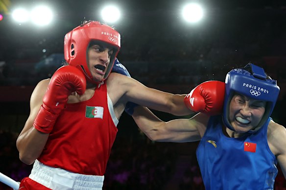 Imane Khelif (left) during a bout in Paris.