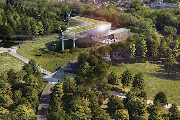 Impressão artística da estação La Vegetale, com um corredor verde recém-ajardinado.