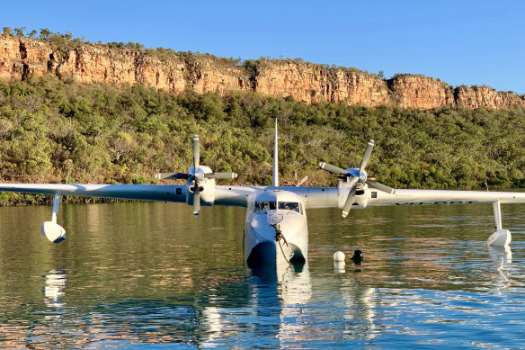 The ultimate in glamorous arrivals – a 1947 Grumman G-73 Mallard flying boat.