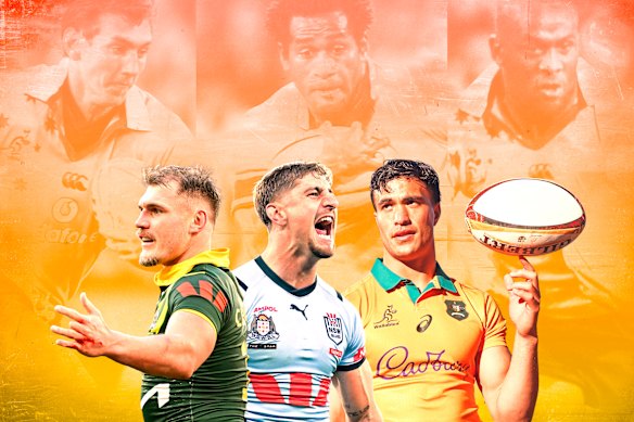 The 2003 NRL converts – Mat Rogers, Lote Tuqiri and Wendell Sailor – and the 2027 equivalents, Angus Crichton, Zac Lomax and Joseph-Aukuso Suaalii.