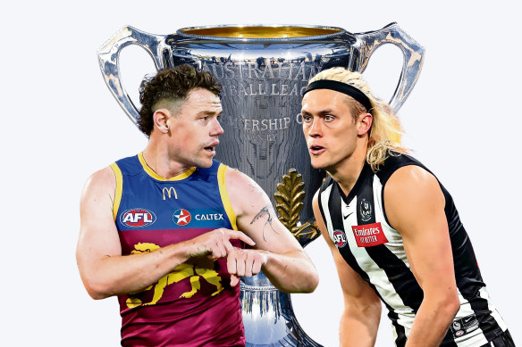 The battle for the 2023 AFL premiership: Brisbane Lions co-captain Lachie Neale and Collingwood skipper Darcy Moore.