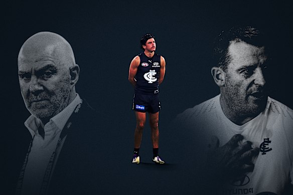 Carlton CEO Graham Wright, Elijah Hollands and coach Michael Voss.