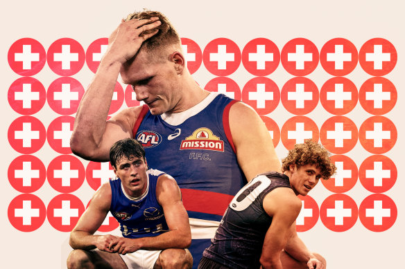 Injured AFL players George Wardlaw (North Melbourne), Adam Treloar (Western Bulldogs) and Charlie Curnow (Carlton).