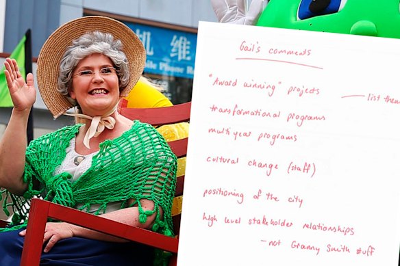 Angela-Jones Blayney as Granny Smith for a festival in Eastwood and feedback on her resume. The photo is not in evidence.