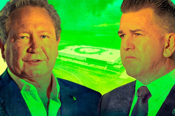 Queensland Deputy Premier Jarrod Bleijie (right) has taken Andrew Forrest’s Fortescue to court to recoup a $66 million grant.