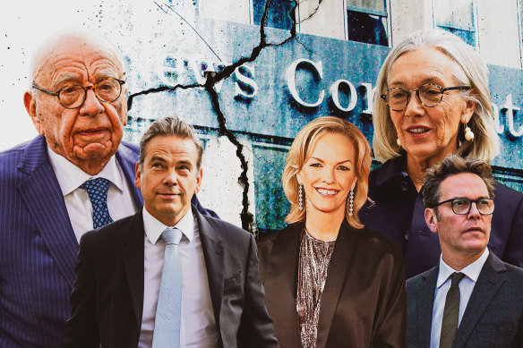 Life imitates art for Rupert Murdoch and his children (from left) Lachlan, Elisabeth, Prudence and James.