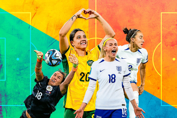 Australia’s Mackenzie Arnold and Sam Kerr, and England’s Chloe Kelly and Lucy Bronze.