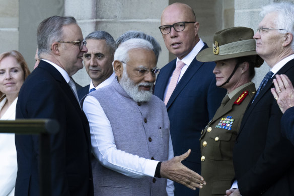 Indian Prime Minister Narendra Modi with Prime Minister Anthony Albanese and Opposition Leader Peter Dutton in May, during Modi’s visit to Australia.