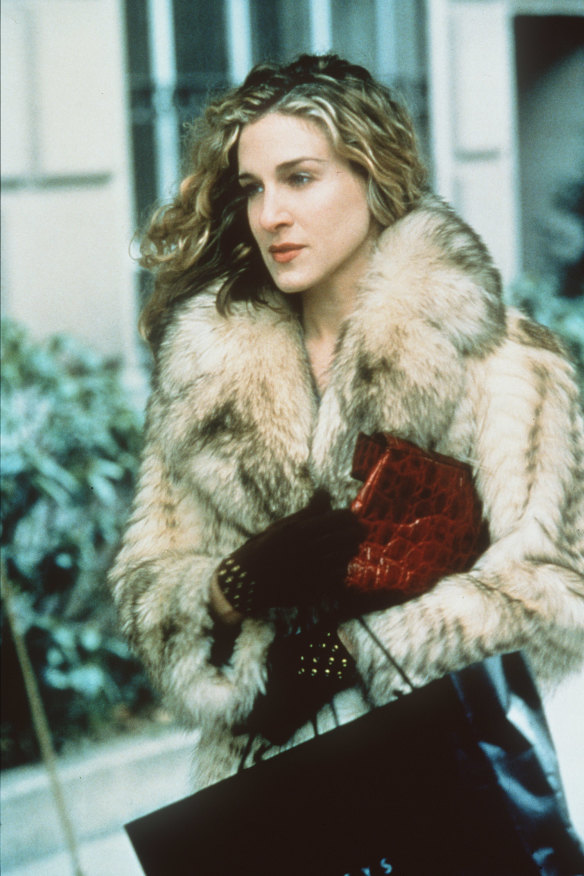 Sarah Jessica Parker wearing fur in publicity still for Sex and the City.