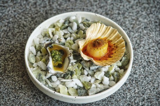 Rock oyster with green chilli relish and grilled scallop inasal.