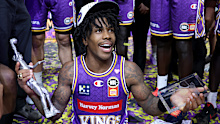 Kendric Davis of the Sydney Kings celebrates the championship win.