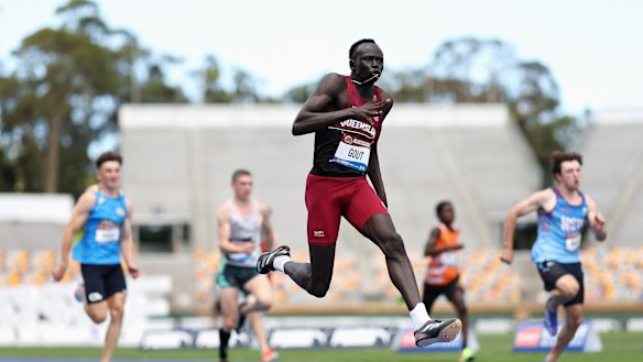Gout Gout wins his boys’ under-18 heat in Queensland last year. SThe AOC expects athletes such as Gout will inspire more grassroots participation.