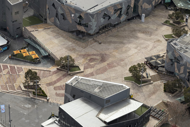 An empty Federation Square in Melbourne on August 26.