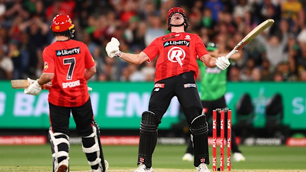 Will Sutherland celebrates after hitting the winning runs for the Renegades in the Melbourne Derby. 