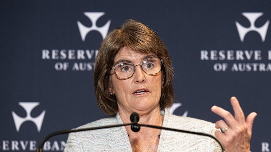 RBA governor Michele Bullock speaks at a press conference in November.