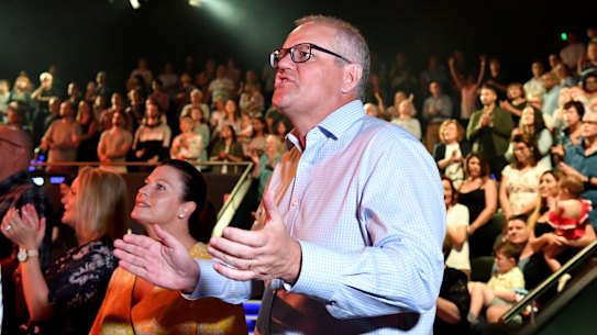 Prime Minister Scott Morrison and his wife, Jenny, at an Easter Sunday service at Horizon Church in Sutherland, Sydney in 2019. 