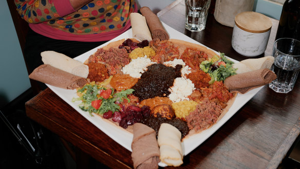 The colourful Mahberawi platter with injera flatbread at Gojo in Sunshine.