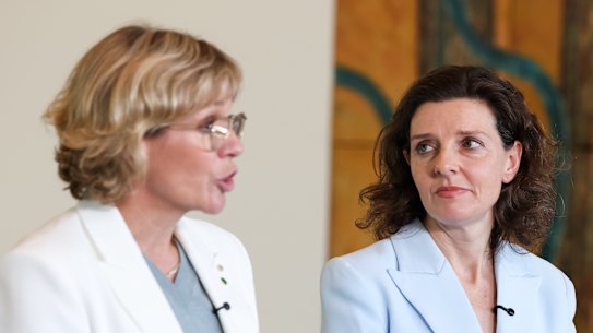  Zali Steggall and Allegra Spender during a press conference to announce the new party at Parliament House. 