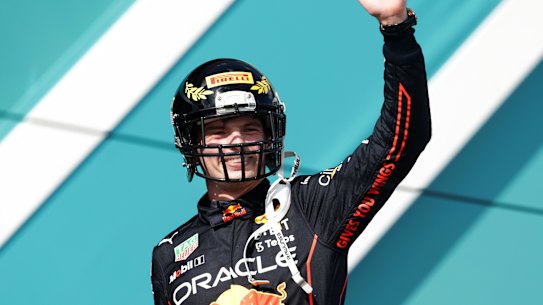 Max Verstappen celebrates after winning the Miami Grand Prix
