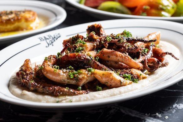 Grilled baby octopus with white-bean puree.