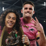 Jarome Luai and Nathan Cleary after winning their fourth premiership together.