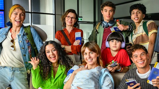 Angie (Claudia Karvan), Rosa (Paula Garcia), Oly (Nathalie Morris), Santi (Carlos Sanson Jr), Edith (Anita Hegh), Gabe (Alex Sanson), Jacinda (Ava Cannon), Seb (Jeronimo Romero Llorente) and Bowie (Christian Byers) in Bump: A Christmas Movie. 